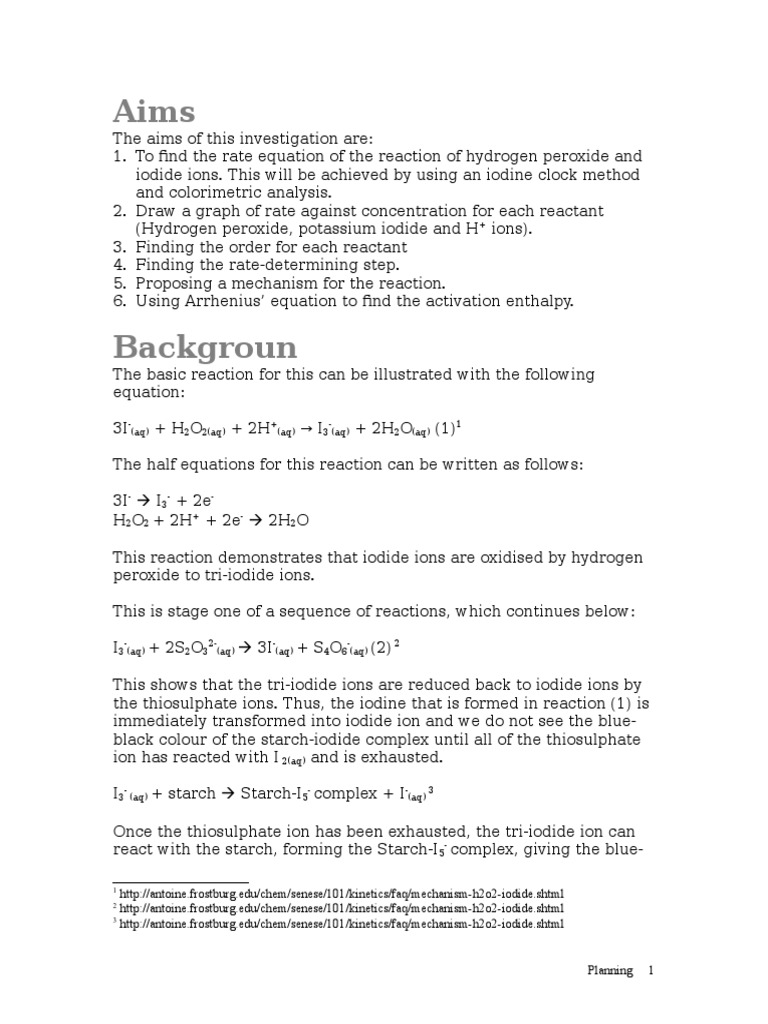 Hydrogen Peroxide Iodine Clock PDF Reaction Rate Chemical Reactions