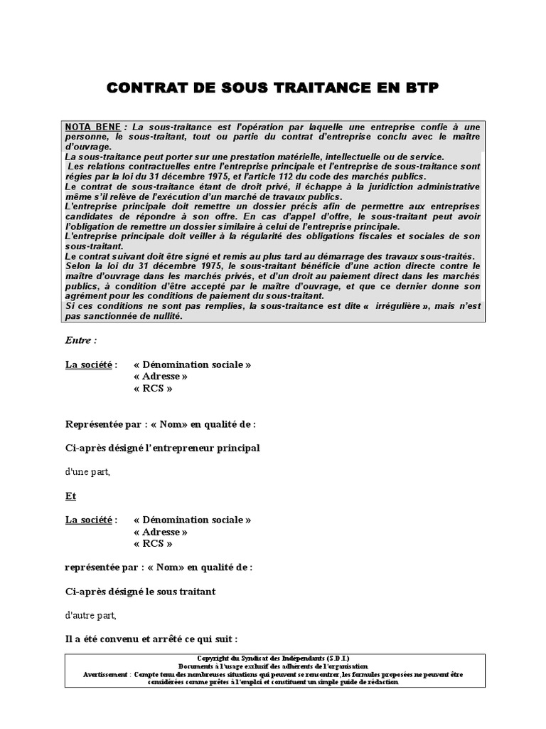 Modèle Contrat De Sous traitance Btp Simplifié 2022 Gratuit Contrat de Sous Traitance en BTP | PDF | Droit statutaire | Business