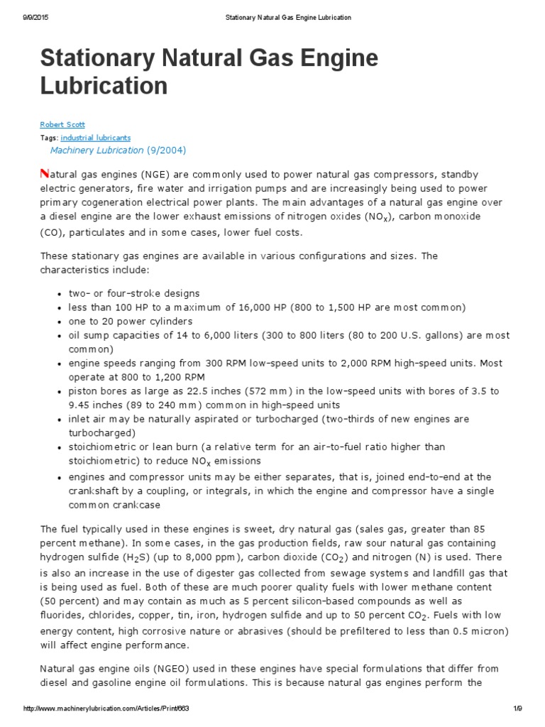 Stationary Natural Gas Engine Lubrication | PDF | Internal Combustion ...