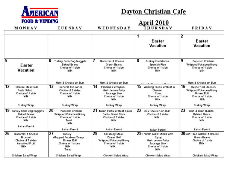Dayton Christian Cafe April Menu | PDF | Sausage | Gravy