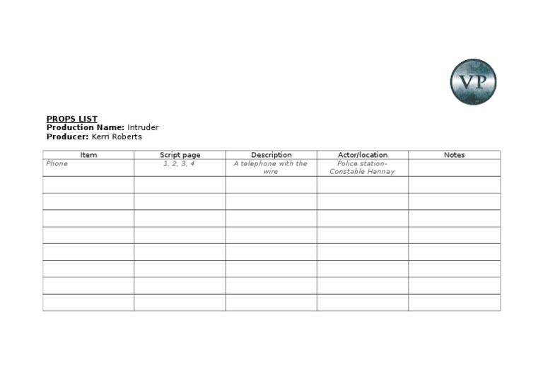 Intruder Production Props List | PDF