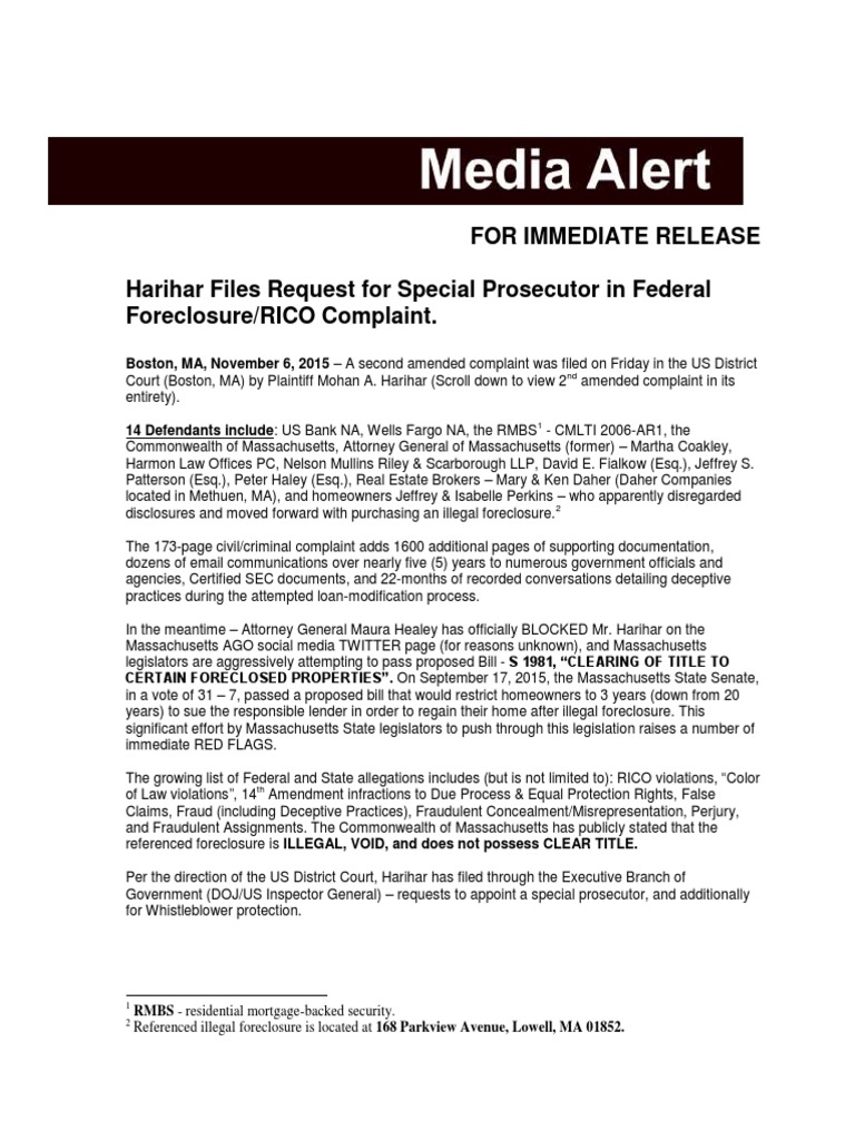 Harihar Files Request For Special Prosecutor in Federal Foreclosure ...