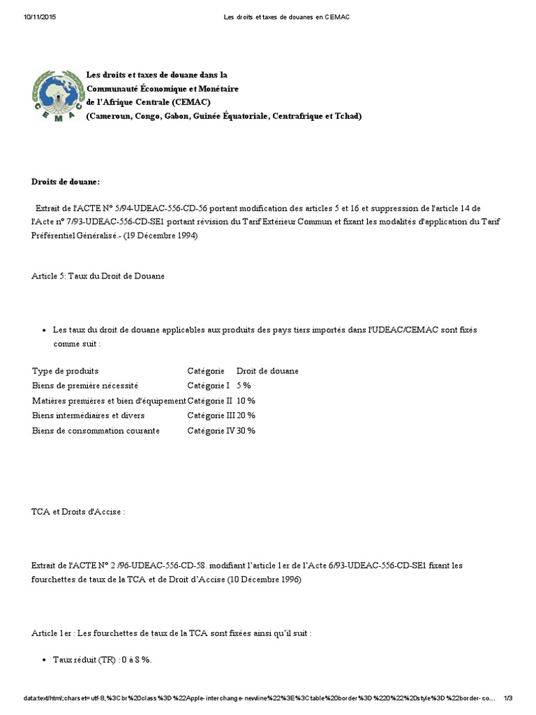 tarif douanier cemac