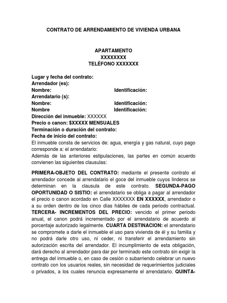 Contrato de Arrendamiento de Vivienda Urbana Alquiler Pagos