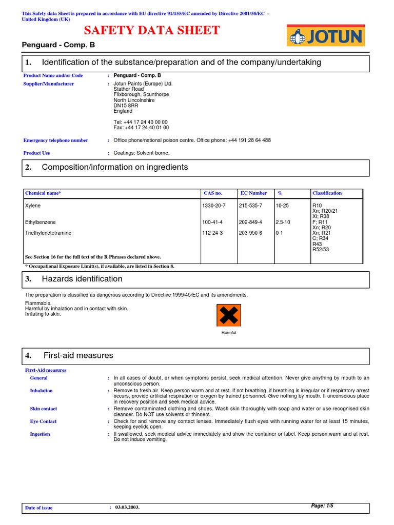 Safety Data Sheet for Penguard Comp. B PDF Personal Protective