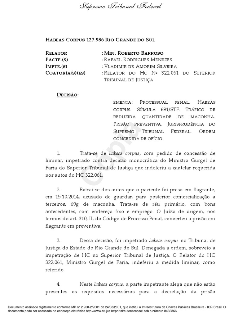 HC 127986 Revogação de Prisão Preventiva | Habeas corpus | Procedimento