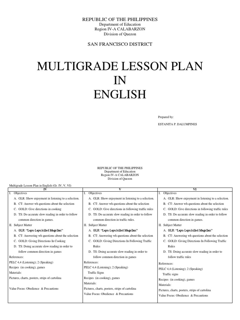 Multi Grade Lesson Plan in English | PDF | Cebu | Traffic