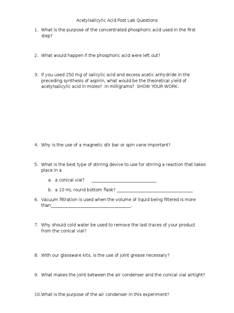 Acetylsalicylic Acid Post Lab Questions | PDF