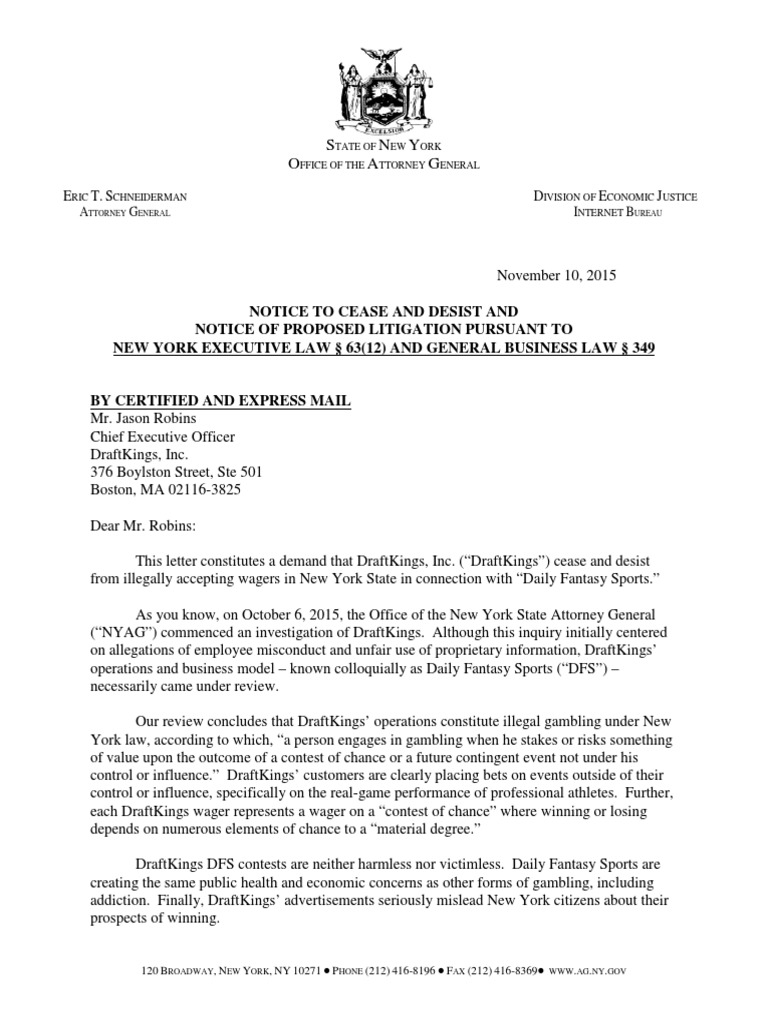 Final NYAG DraftKings Letter | PDF