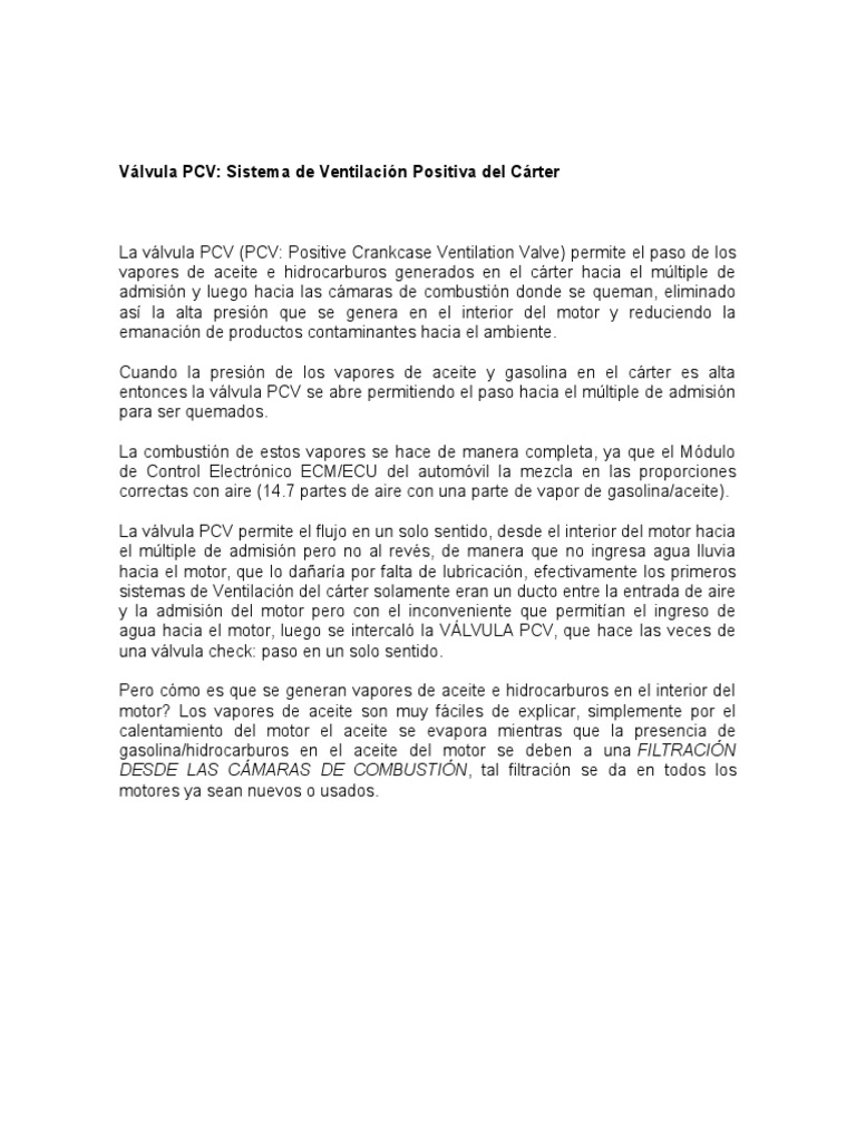 Funcionamiento y Mantenimiento de Válvula PCV | PDF | Gasolina | Petróleo
