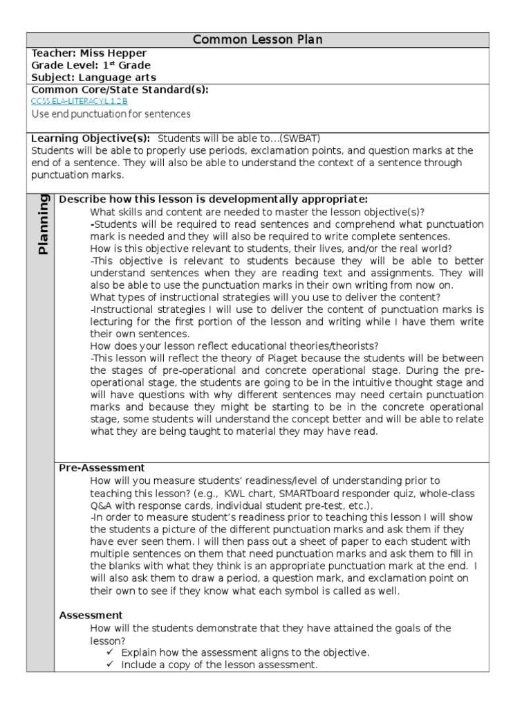 1st Grade Punctuation Lesson Plan | PDF | Lesson Plan | Educational ...