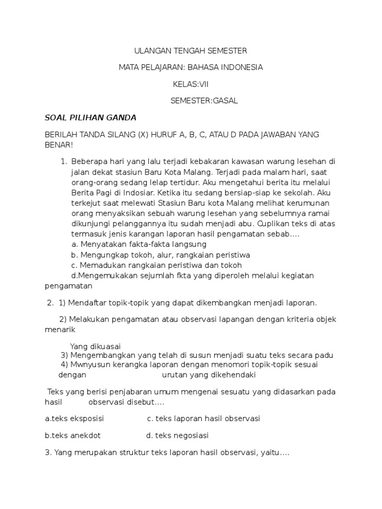 Soal Teks Laporan Hasil Observasi