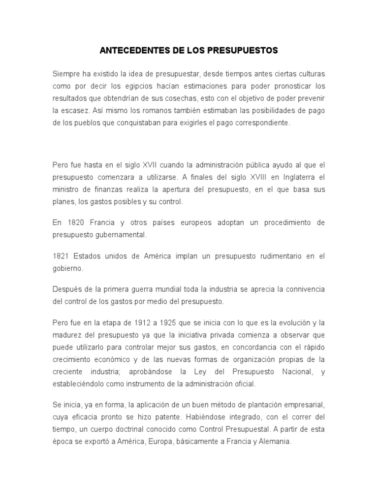 Antecedentes de Los Presupuestos Presupuesto Economias