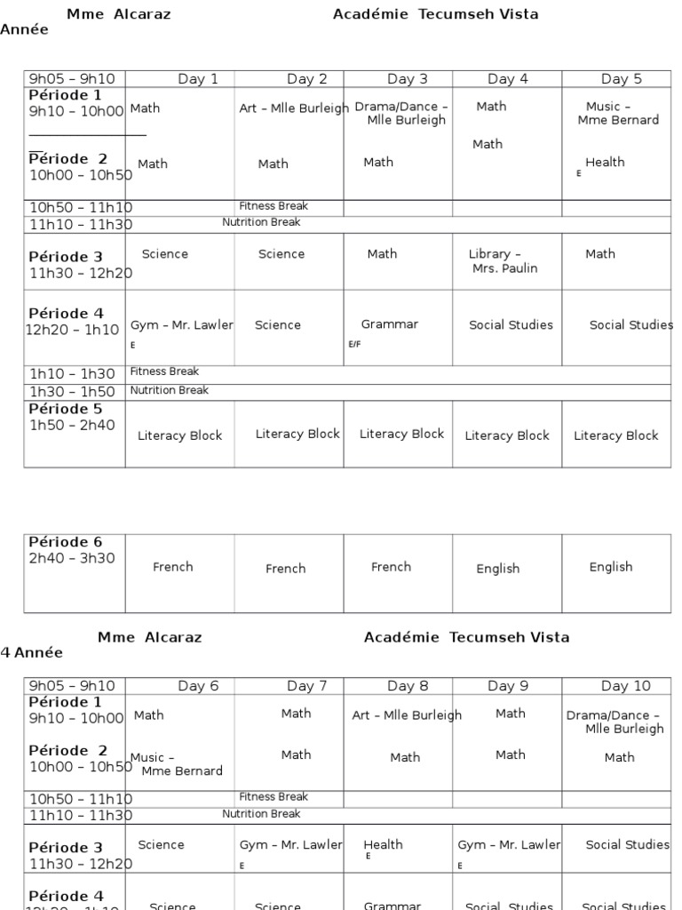 Weekly Class Schedule for Grade 4 | PDF