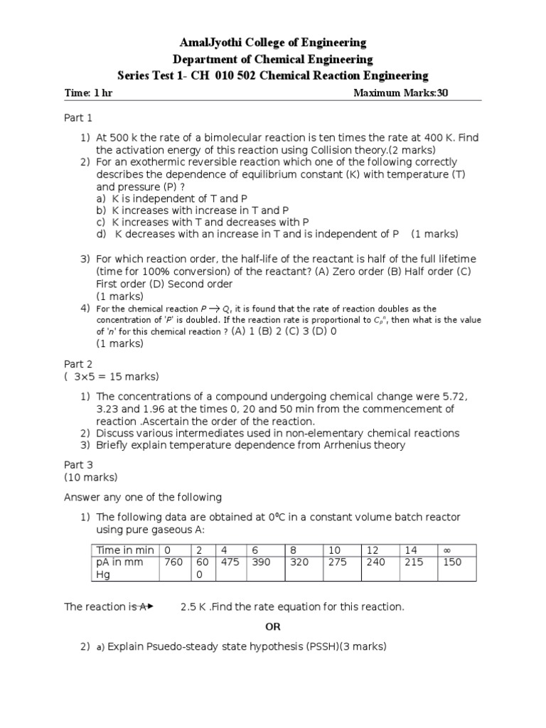 Chemical Reaction Engineering Exam Questions | PDF