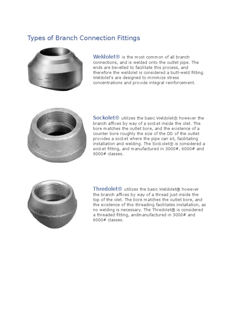 Types of Branch Connection Fittings Pipe (Fluid Conveyance) Engineering