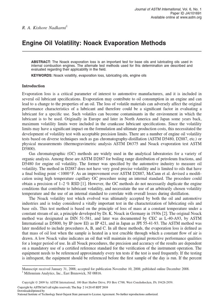 Engine Oil Volatility Noack Evaporation Method PDF Motor Oil