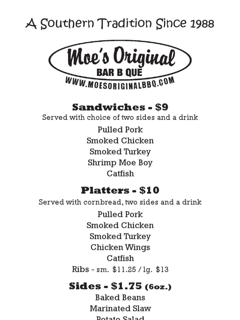 Moe's Original BBQ Menu & Prices | PDF | Cooking, Food & Wine