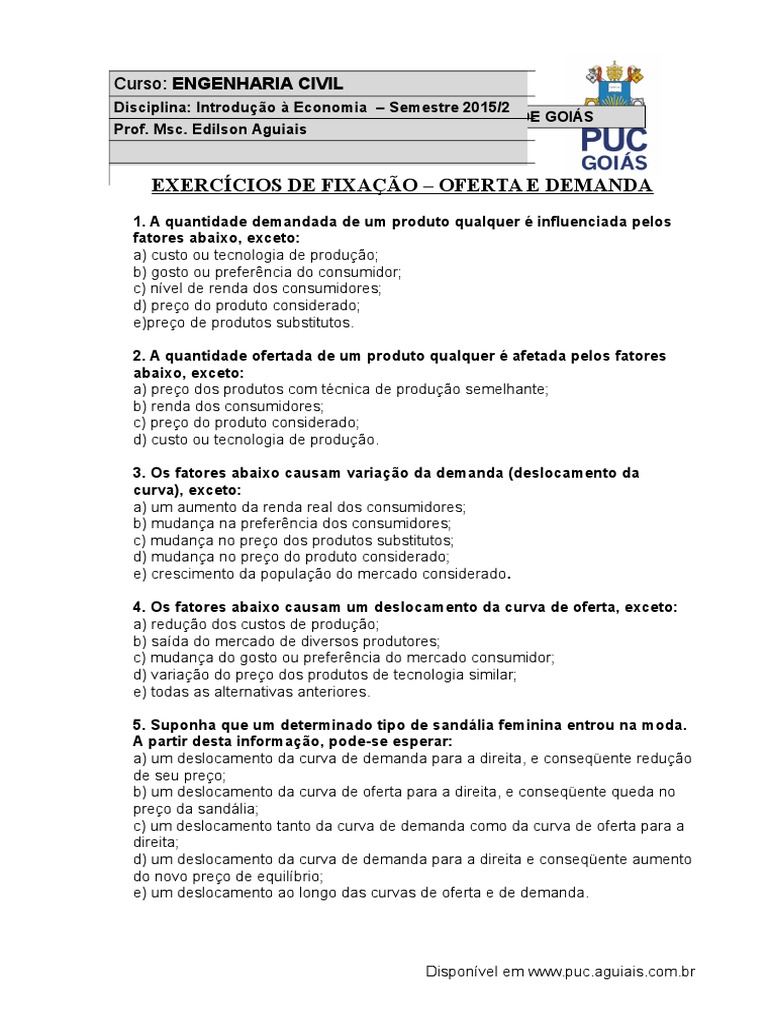 Exercícios de Oferta e Demanda em Economia | PDF | Demanda | Oferta e ...