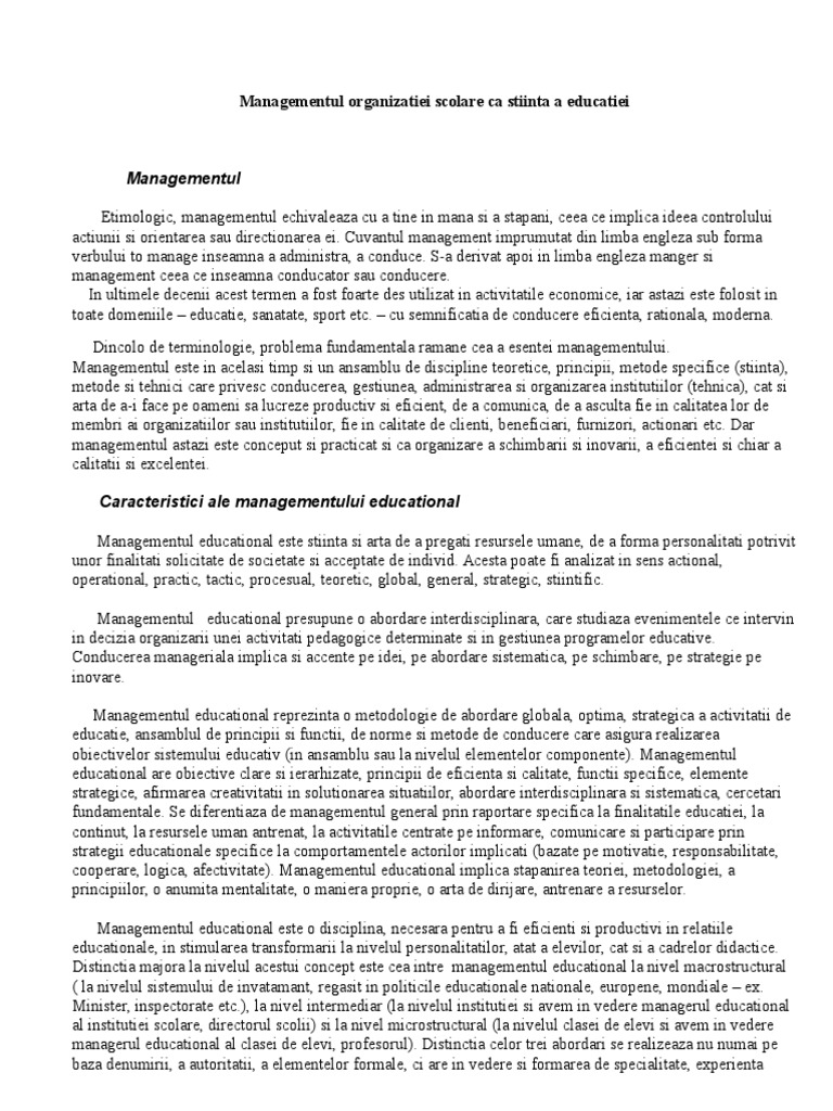 Resign Grind hug Managementul Organizatiei Scolare Ca Stiinta A Educatiei | PDF