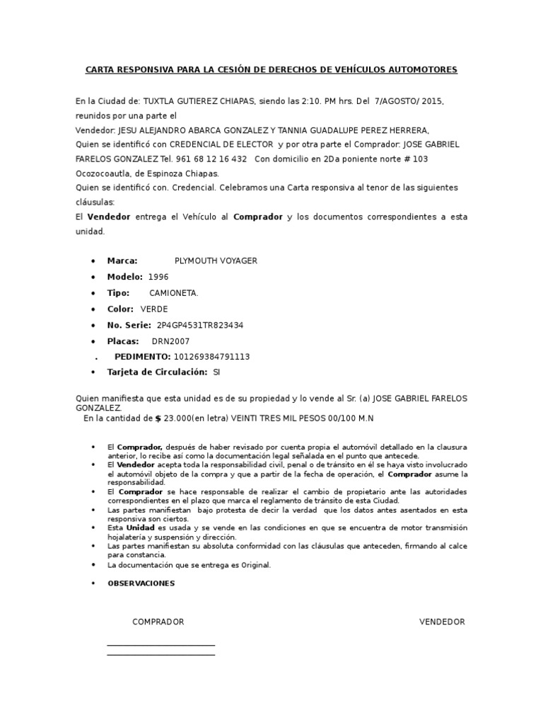 Carta Responsiva para La Cesión de Derechos de Vehículos Automotores | PDF