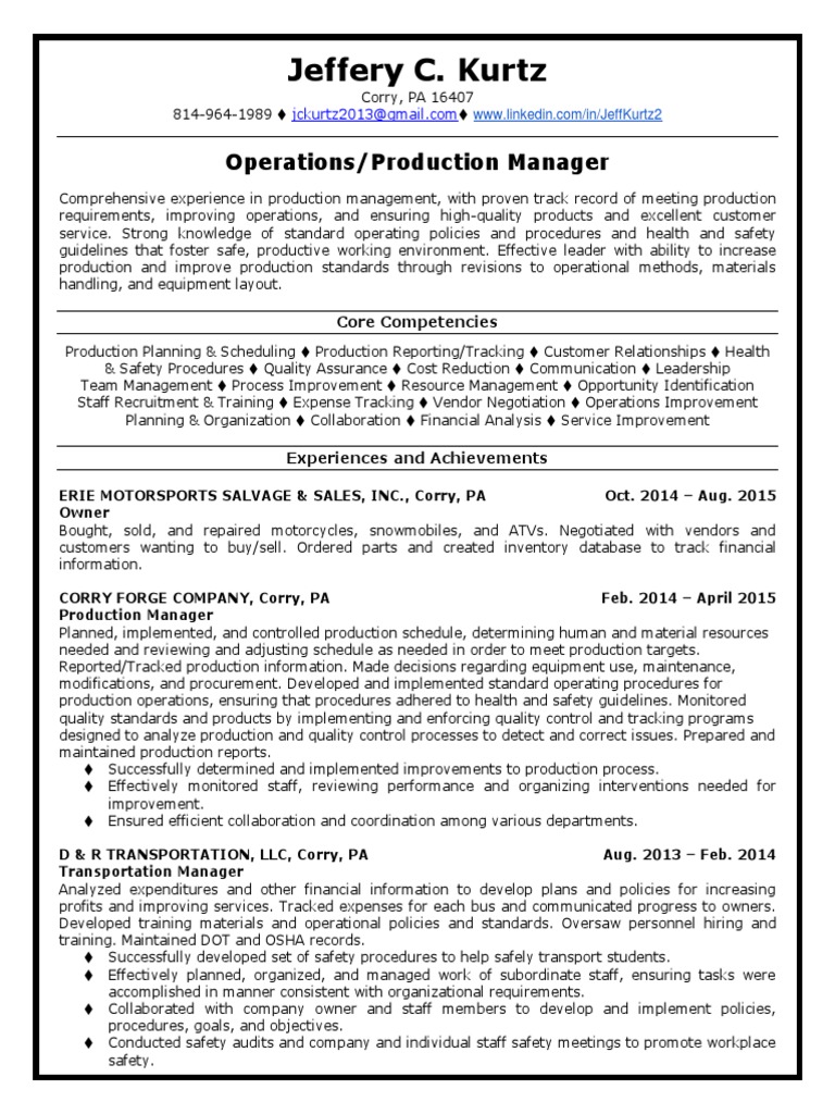 Operations Management Expertise of Jeff Kurtz | PDF | Operations ...