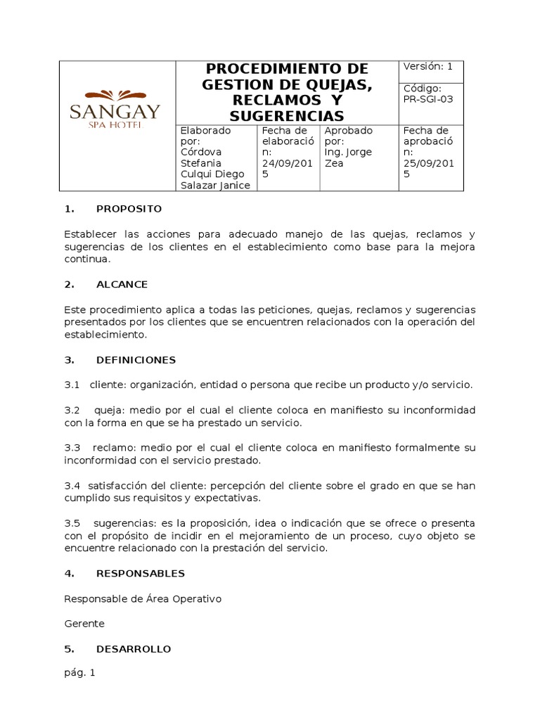 Procedimiento De Gestion De Quejas Reclamos Y Sugerencias Va1 Hotel Servicio Al Cliente