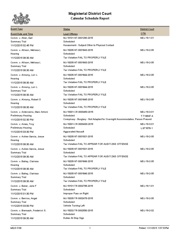 York County Court Schedule 11/12 Criminal Justice Crime & Justice