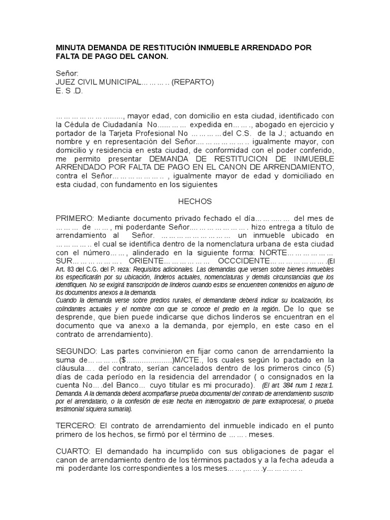 Demanda de Restitución de Inmueble Arrendado | PDF | Alquiler | Justicia
