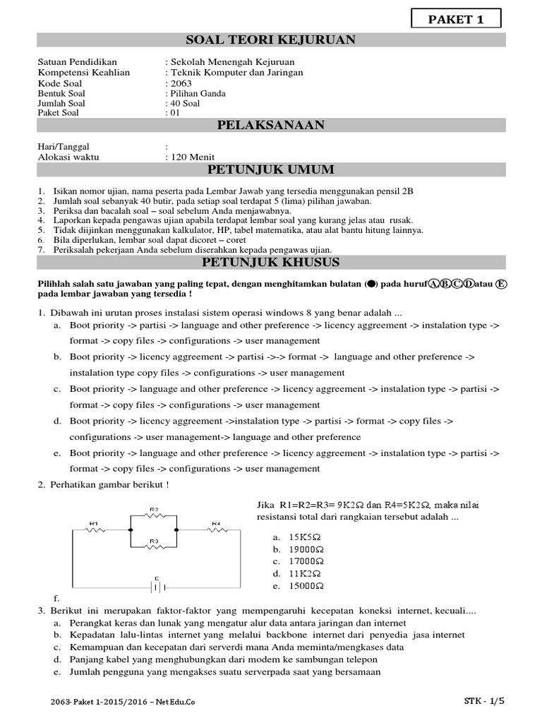 2063 Soal Tryout Teori Kejuruan Tkj 2015 2016
