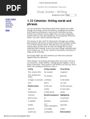 Cohesion Linking Words And Phrases Pdf Pdf Phrase Sentence Linguistics