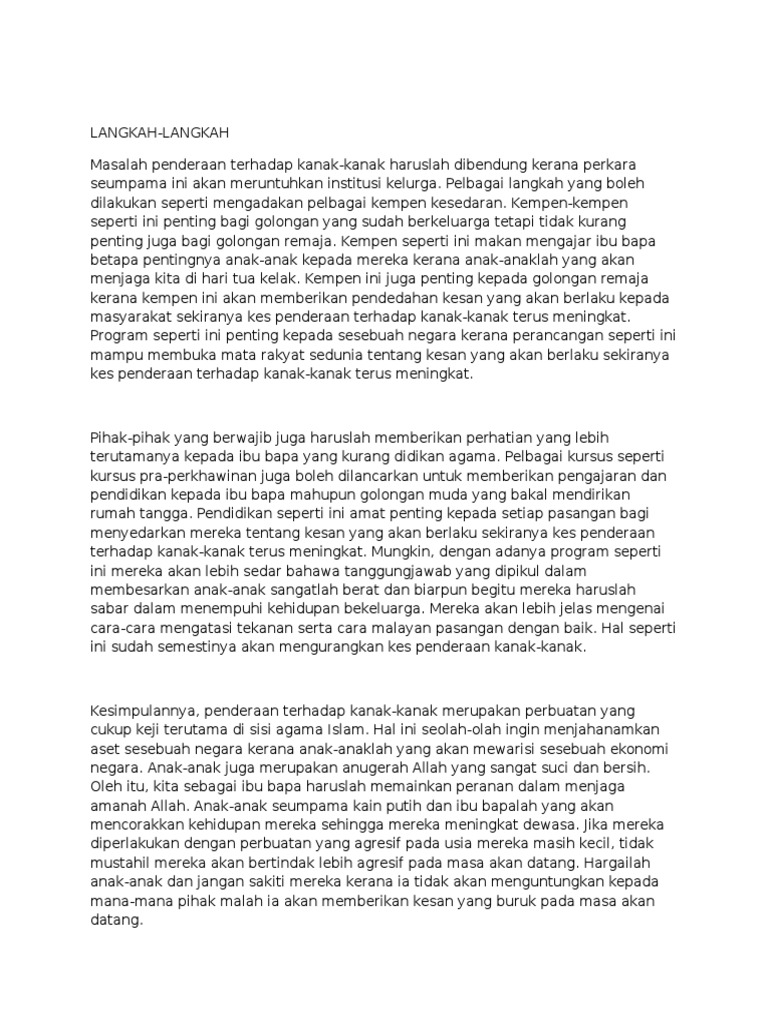 Contoh Karangan Peranan Masyarakar Untuk Mengatasi Kes Penderaan Kanak-kanak