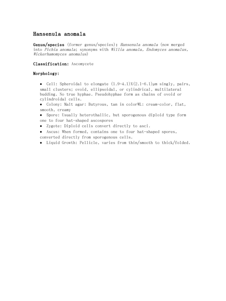 Hansenula anomala: Wine Fermentation Role | PDF
