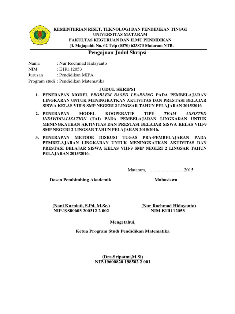 Contoh Pengajuan Judul Skripsi