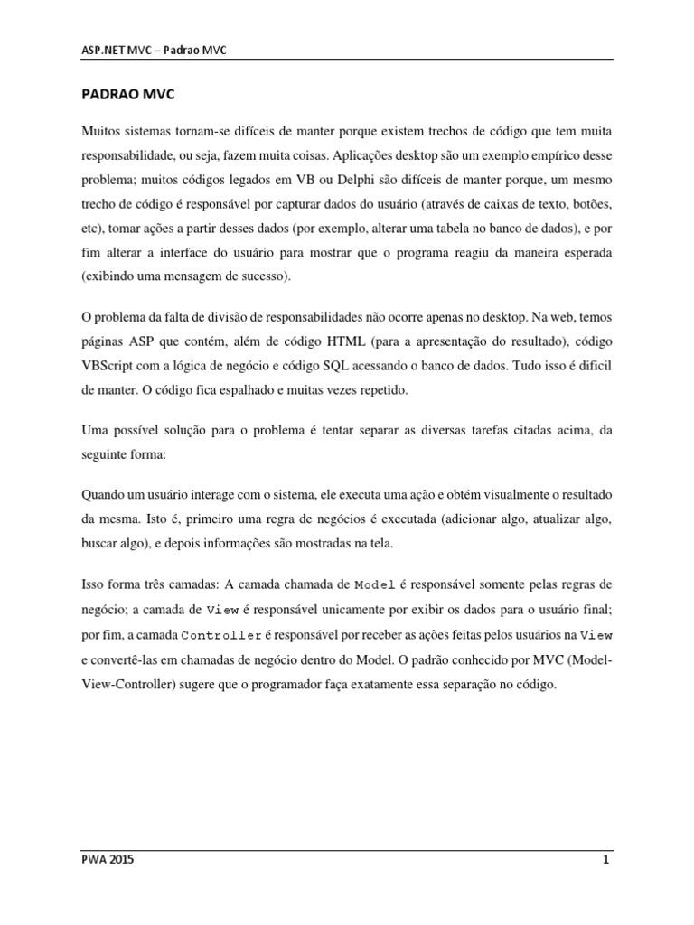 Padrao MVC PDF | PDF | Model-View – Controller (MVC) | Interface de usuário