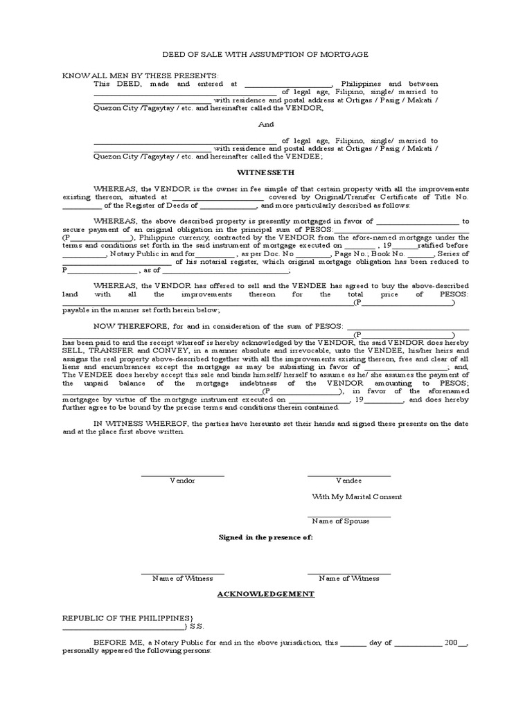 Deed of Sale with Assumption of Mortgage Mortgage Law Land Law