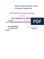 Certificate of Appreciation: Ace Christen A. Tanghal