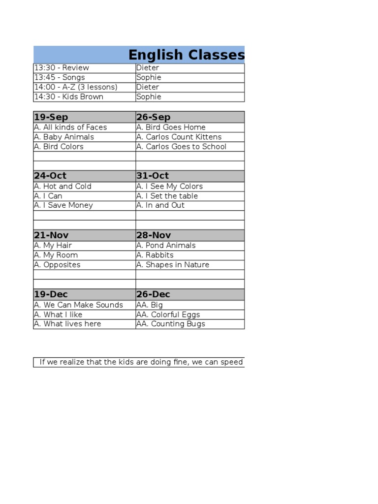 English Class Schedule: Sept 2015 - Jan 2016 | PDF