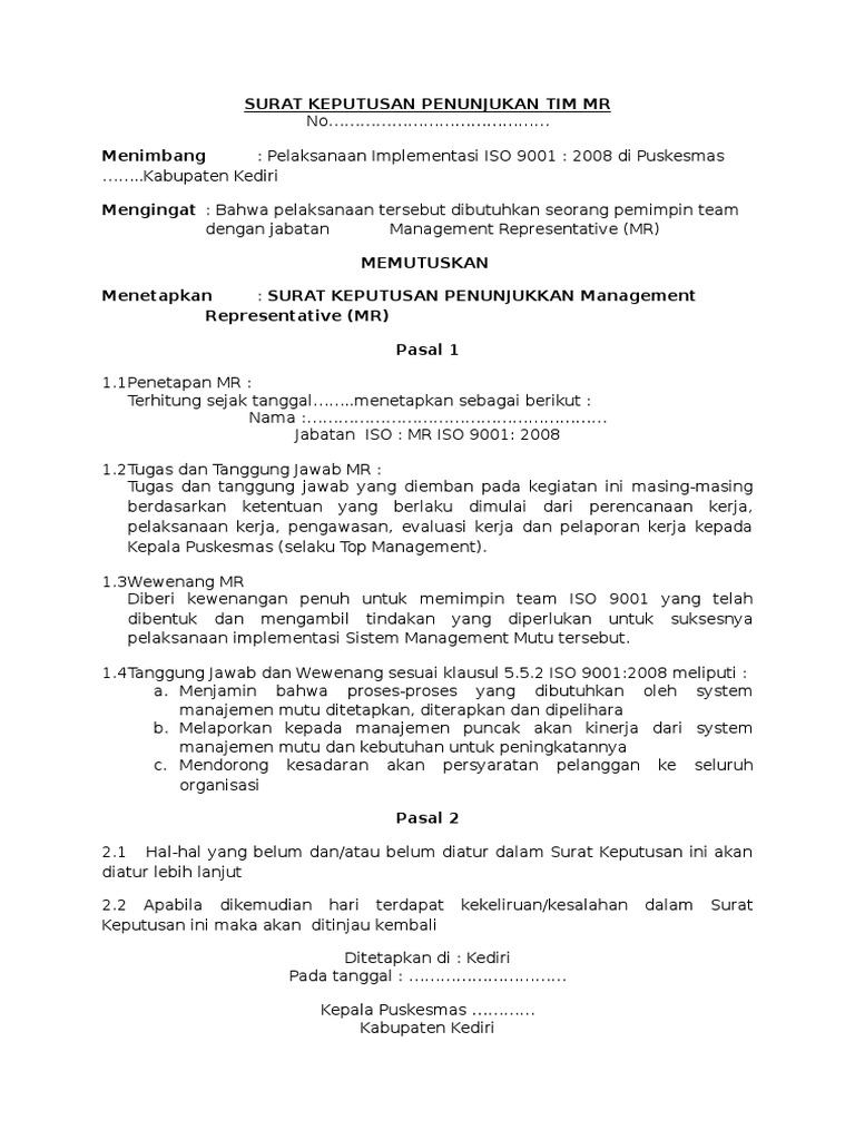 Surat Keputusan Penunjukan Tim Mr Internal Auditor
