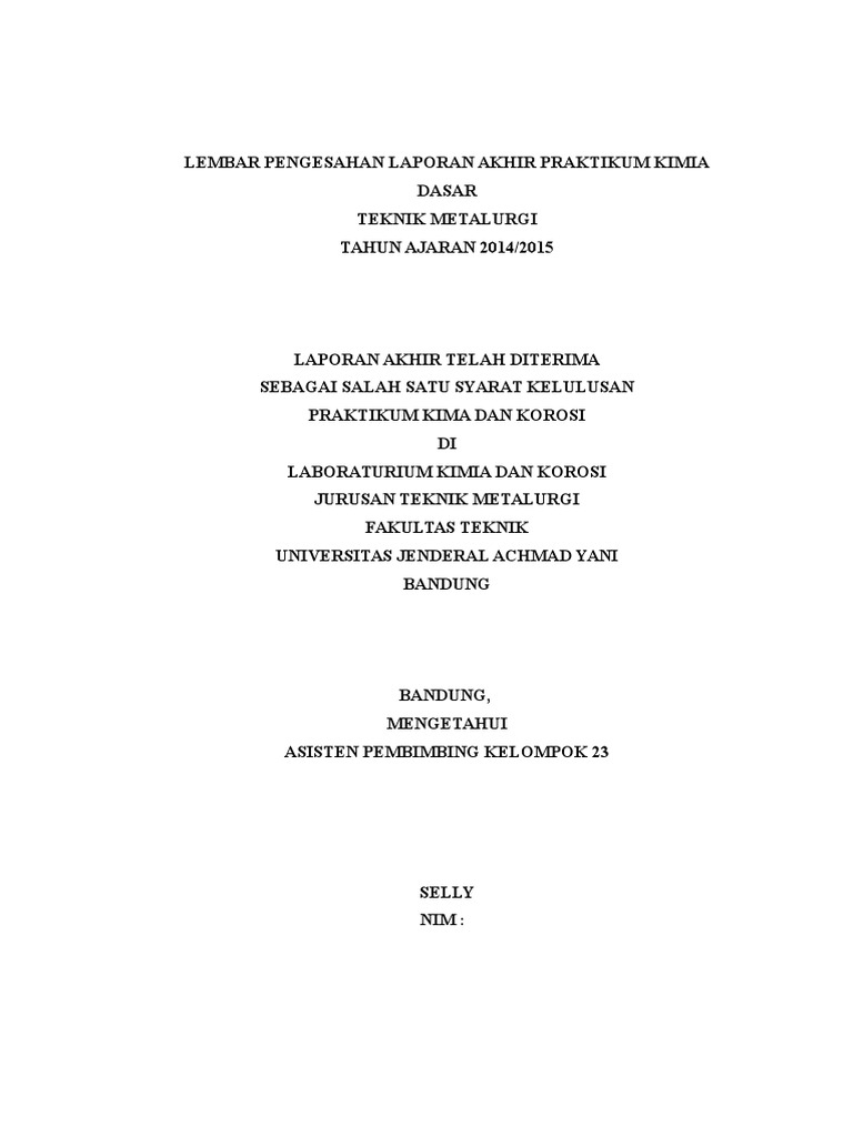 Lembar Pengesahan Laporan Akhir Praktikum Kimia Da