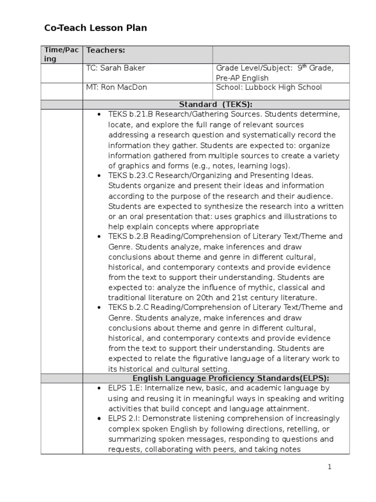Co-Teach Lesson Plan: Teachers | PDF | Reading Comprehension | Lesson Plan