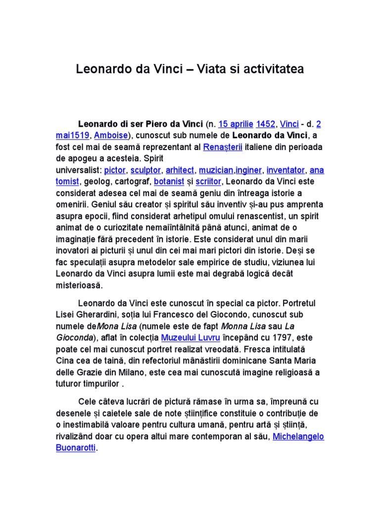 Leonardo Davinci Viata Si Activitatea Referat