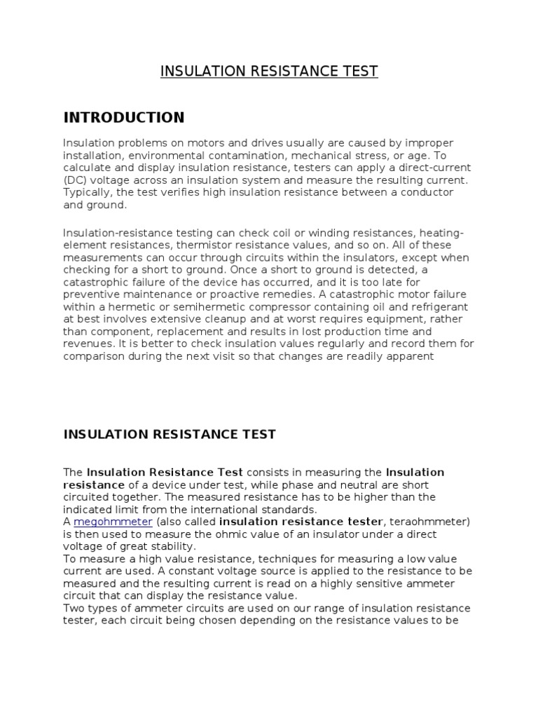 Insulation Resistance Test PDF Electrical Resistance And