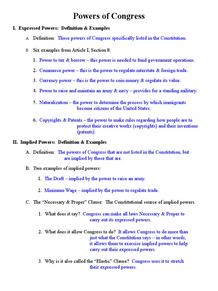 Congress: Expressed and Implied Powers | PDF | United States Constitution |  United States Congress, image size:768x1024