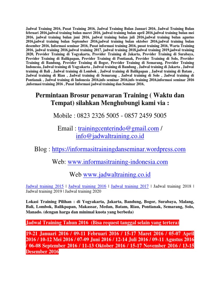Jadwal Training Pelatihan Tahun 2016 | PDF | Human Resource Management ...