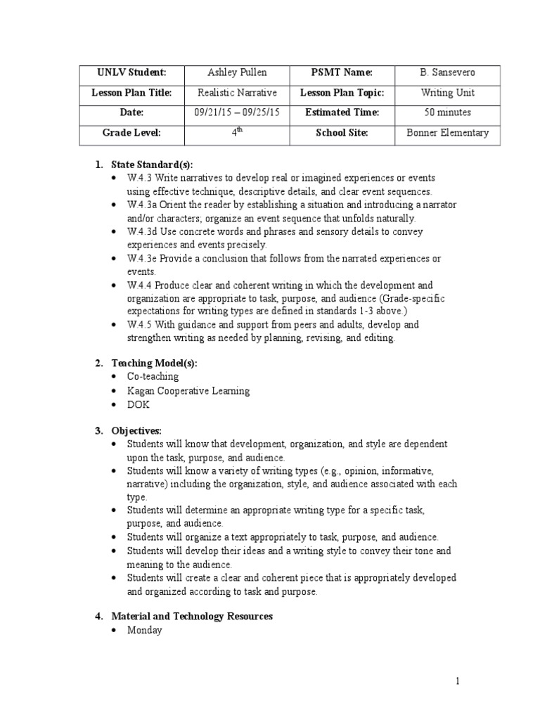 UNLV Student PSMT Name Lesson Plan Title Lesson Plan Topic Date Estimated Time Grade Level