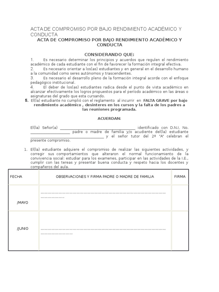 Acta de Compromiso Por Bajo Rendimiento Académico y Conducta Tolerancia Comportamiento
