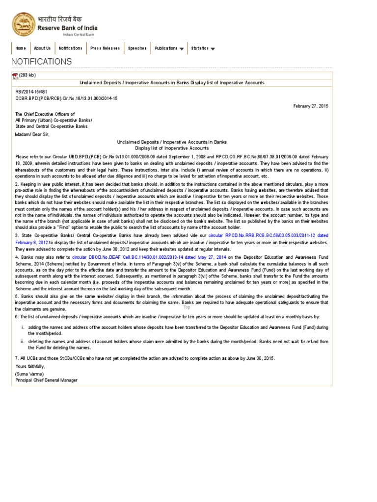 RBI Guidelines on Inoperative Accounts | PDF | Deposit Account | Government
