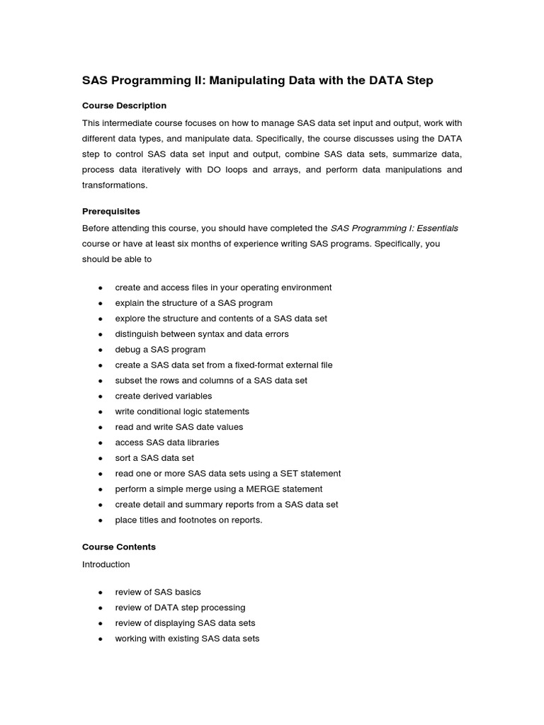 SAS Programming II: Manipulating Data With The DATA Step: Course ...