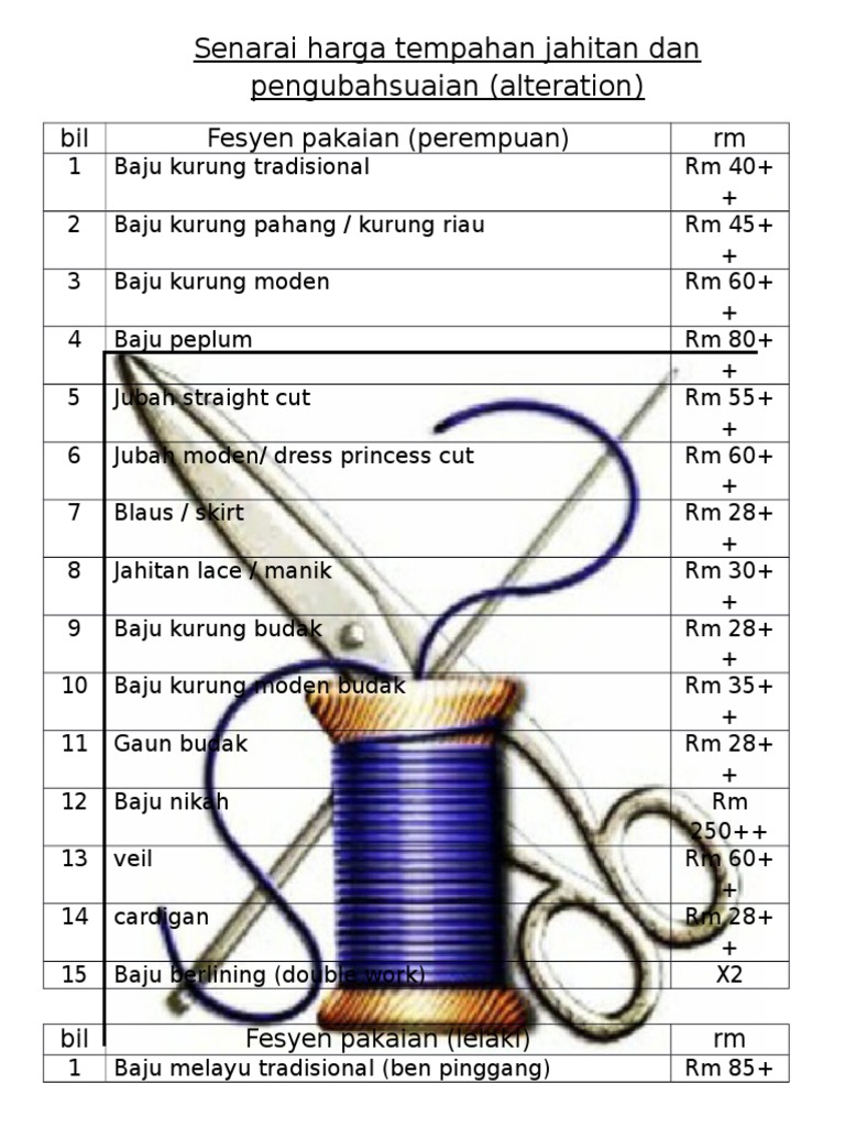 Senarai Harga Tempahan Jahitan Dan Pengubahsuaian Pdf